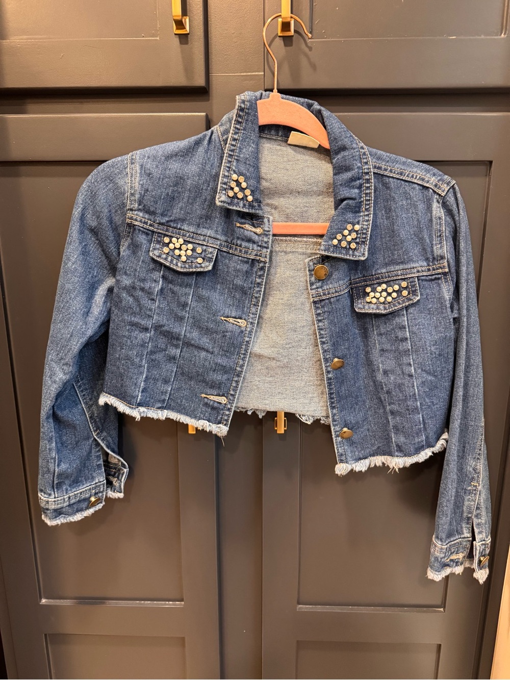 Girls' Dark Blue Studded Cropped Denim Jacket
